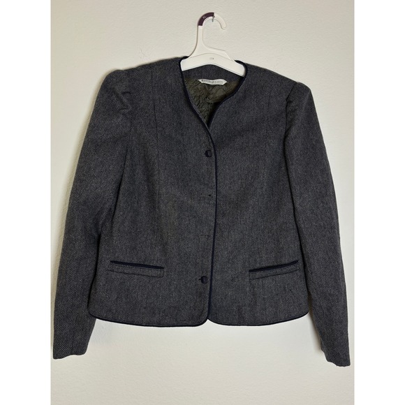 forecaster of boston Jackets & Blazers - Vintage Forecaster of Boston Wool Tweed Blazer Gray Navy‎ Piping Size 11/12
